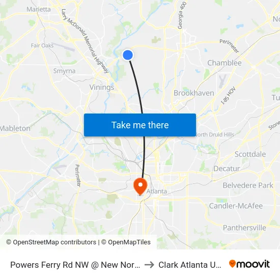 Powers Ferry Rd NW @ New Northside Dr NW to Clark Atlanta University map