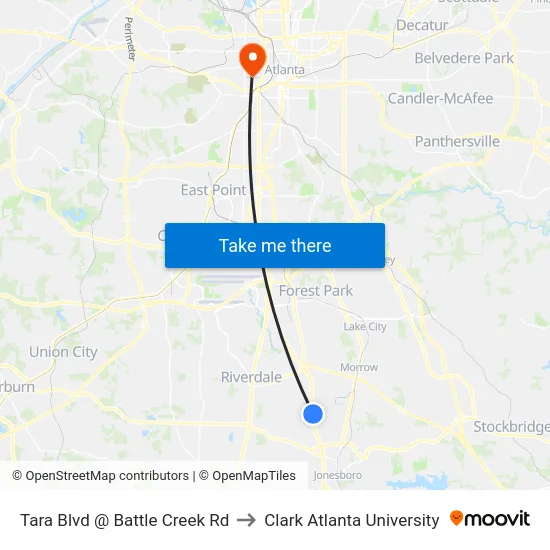 Tara Blvd @ Battle Creek Rd to Clark Atlanta University map