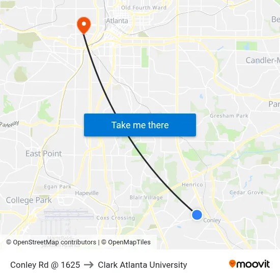 Conley Rd @ 1625 to Clark Atlanta University map