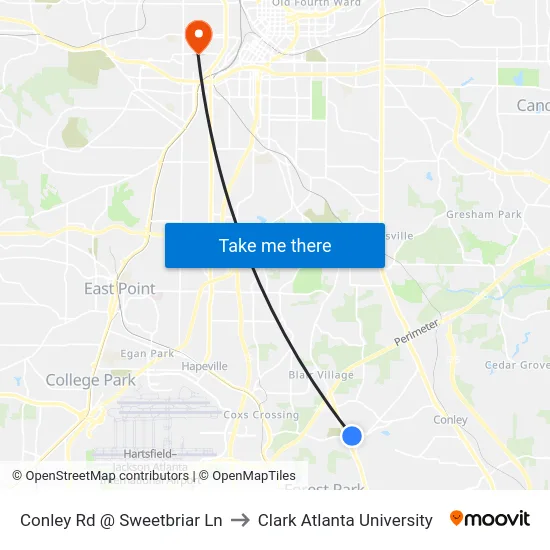 Conley Rd @ Sweetbriar Ln to Clark Atlanta University map