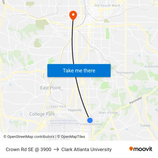 Crown Rd SE @ 3900 to Clark Atlanta University map
