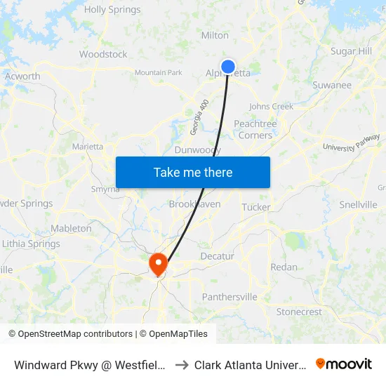 Windward Pkwy @ Westfield Dr to Clark Atlanta University map