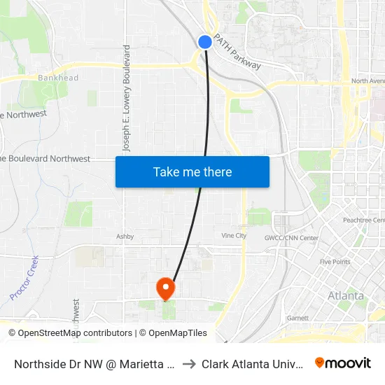 Northside Dr NW @ Marietta St NW to Clark Atlanta University map