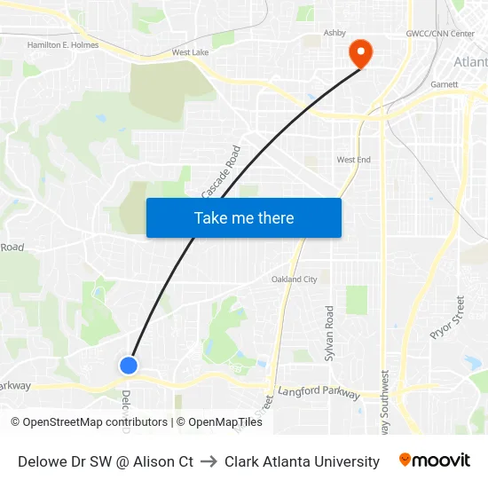 Delowe Dr SW @ Alison Ct to Clark Atlanta University map