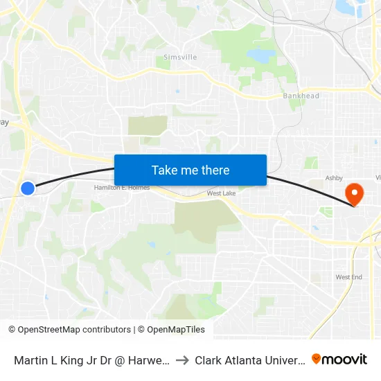 Martin L King Jr Dr @ Harwell Rd to Clark Atlanta University map