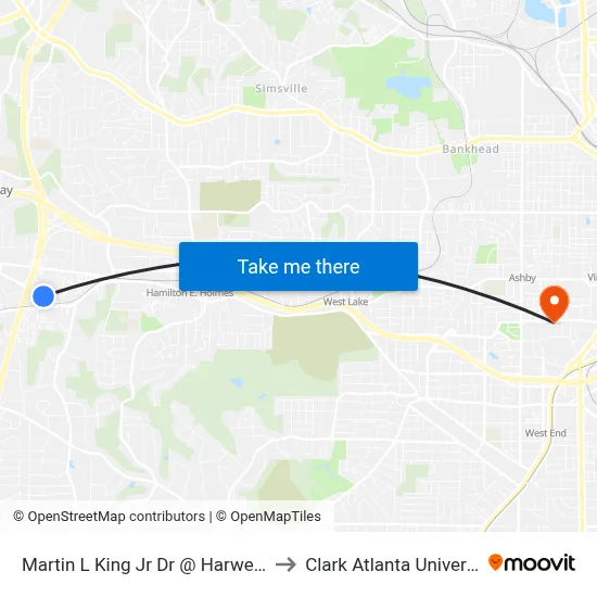Martin L King Jr Dr @ Harwell Rd to Clark Atlanta University map