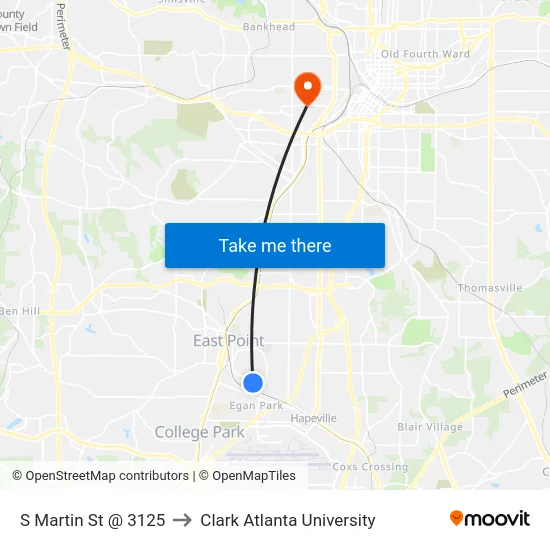 S Martin St @ 3125 to Clark Atlanta University map