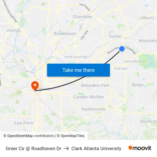 Greer Cir @ Roadhaven Dr to Clark Atlanta University map