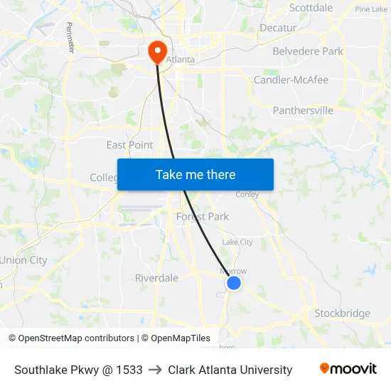 Southlake Pkwy @ 1533 to Clark Atlanta University map