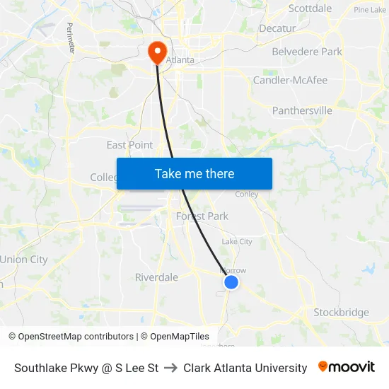 Southlake Pkwy @ S Lee St to Clark Atlanta University map
