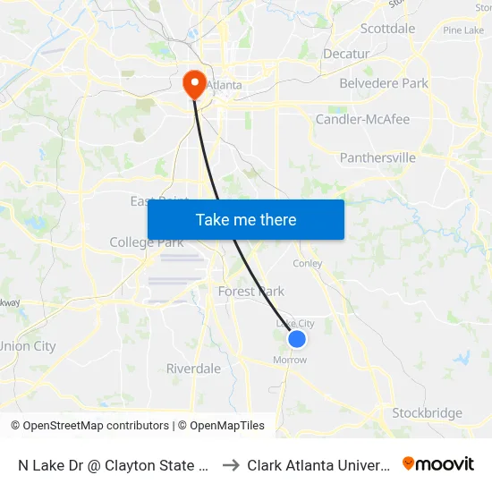 N Lake Dr @ Clayton State Blvd to Clark Atlanta University map