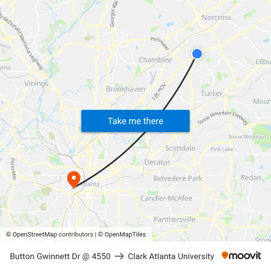 Button Gwinnett Dr @ 4550 to Clark Atlanta University map
