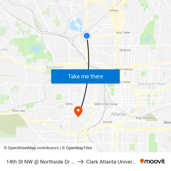14th St NW @ Northside Dr NW to Clark Atlanta University map