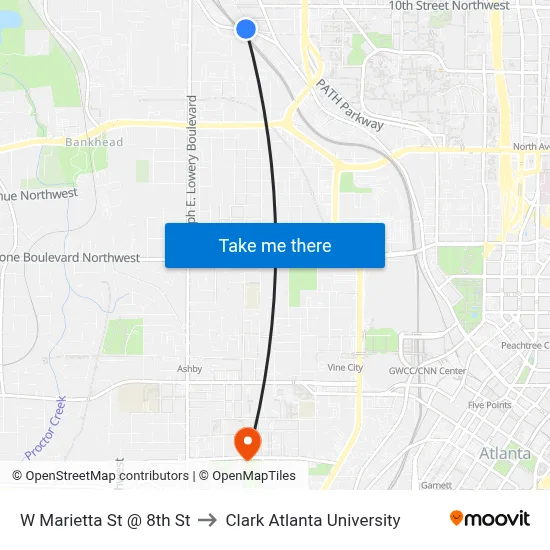 W Marietta St @ 8th St to Clark Atlanta University map