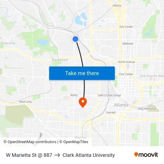 W Marietta St @ 887 to Clark Atlanta University map