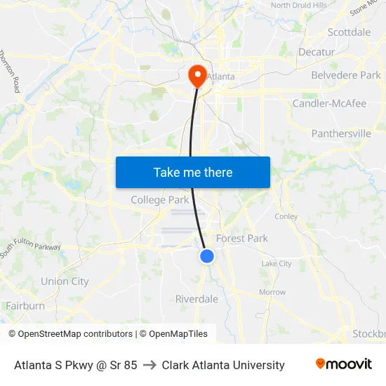 Atlanta S Pkwy @ Sr 85 to Clark Atlanta University map