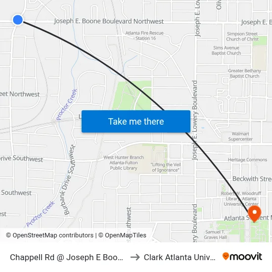Chappell Rd @ Joseph E Boone Blvd to Clark Atlanta University map