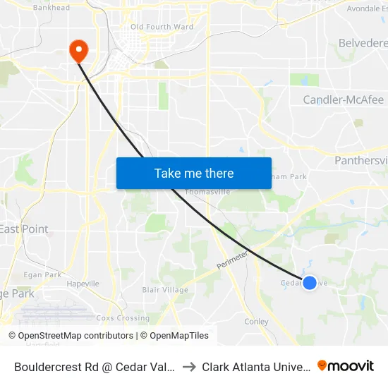 Bouldercrest Rd @ Cedar Valley Ln to Clark Atlanta University map