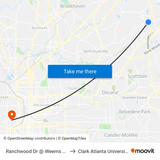 Ranchwood Dr @ Weems Rd to Clark Atlanta University map