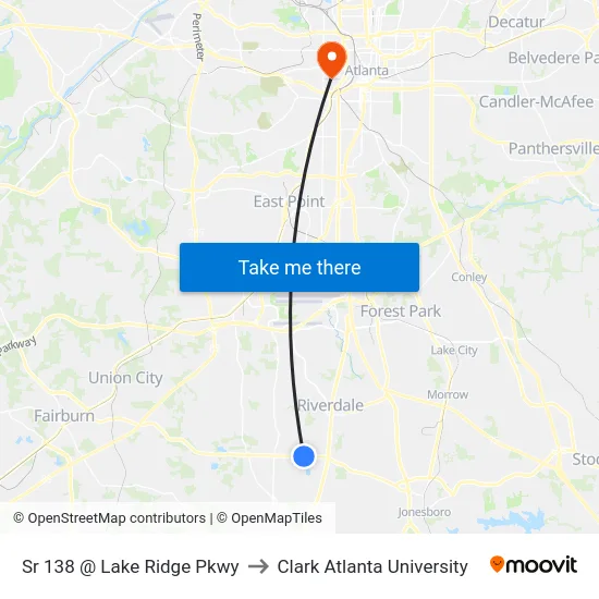 Sr 138 @ Lake Ridge Pkwy to Clark Atlanta University map
