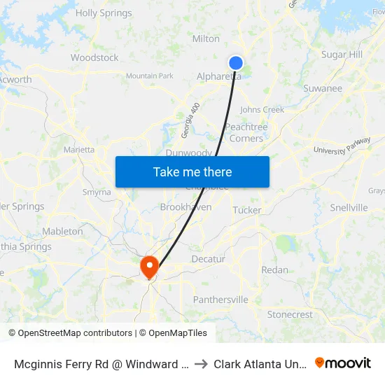 Mcginnis Ferry Rd @ Windward Concourse to Clark Atlanta University map