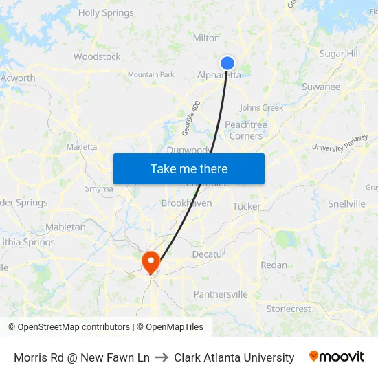 Morris Rd @ New Fawn Ln to Clark Atlanta University map