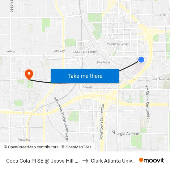 Coca Cola Pl SE @ Jesse Hill Jr Dr SE to Clark Atlanta University map