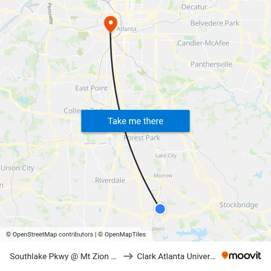 Southlake Pkwy @ Mt Zion Blvd to Clark Atlanta University map