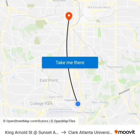 King Arnold St @ Sunset Ave to Clark Atlanta University map