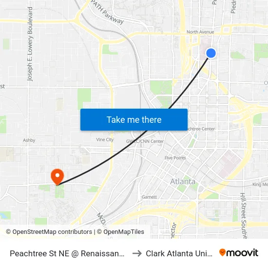 Peachtree St NE @ Renaissance Pky NE to Clark Atlanta University map