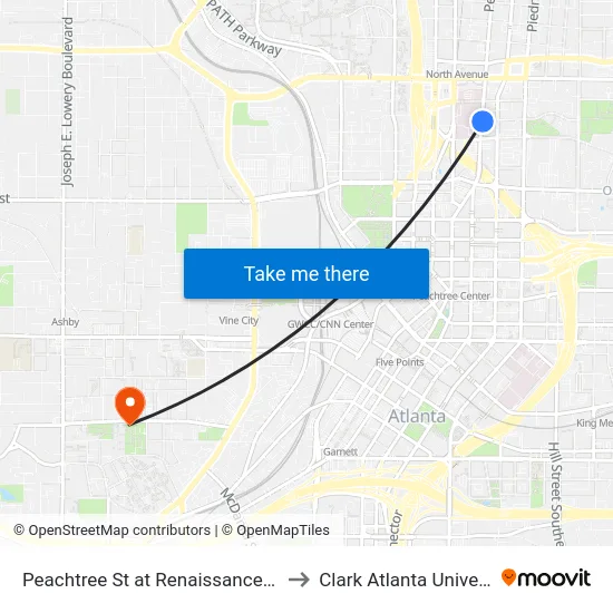 Peachtree St at Renaissance Pkwy to Clark Atlanta University map