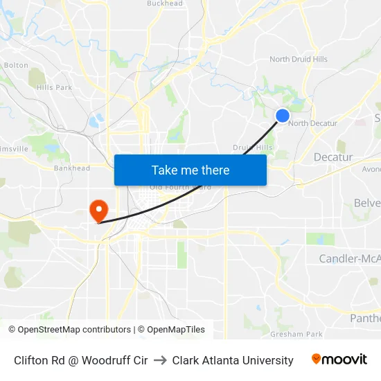 Clifton Rd @ Woodruff Cir to Clark Atlanta University map