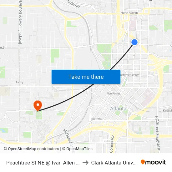 Peachtree St NE @ Ivan Allen Jr Blvd to Clark Atlanta University map