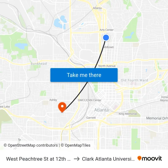 West Peachtree St at 12th St to Clark Atlanta University map