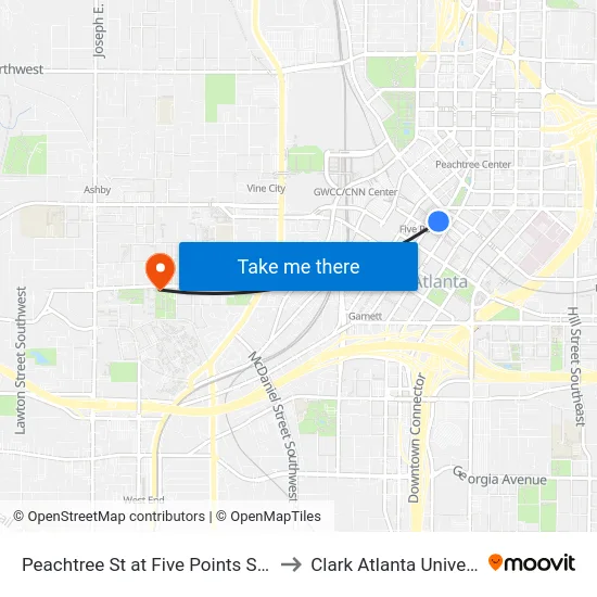 Peachtree St at Five Points Station to Clark Atlanta University map