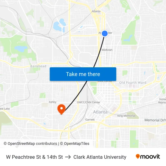 W Peachtree St & 14th St to Clark Atlanta University map