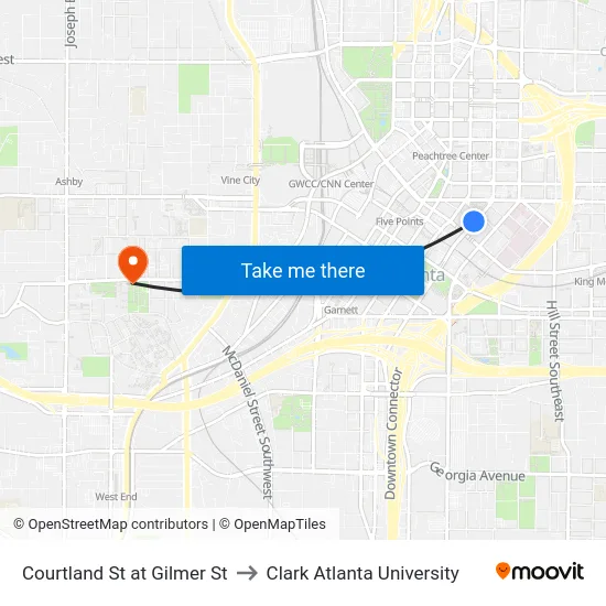 Courtland St at Gilmer St to Clark Atlanta University map
