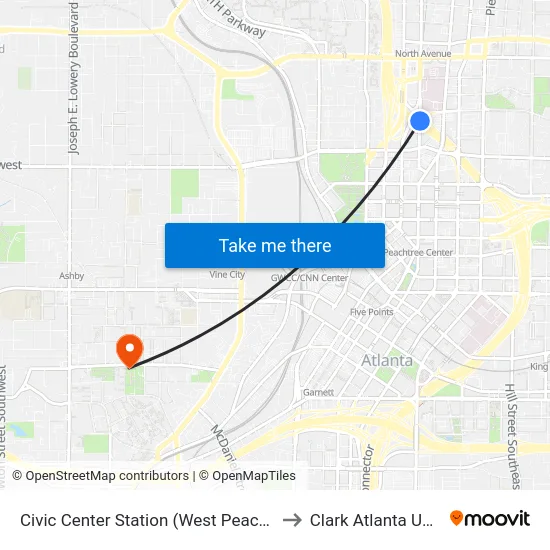 Civic Center Station (West Peachtreet Street) to Clark Atlanta University map