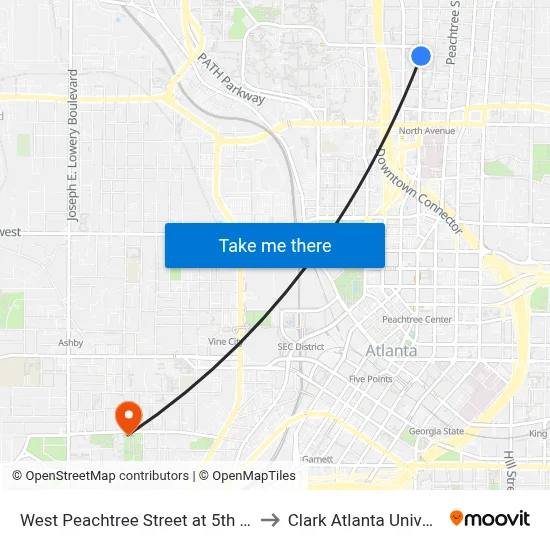 West Peachtree Street at 5th Street to Clark Atlanta University map