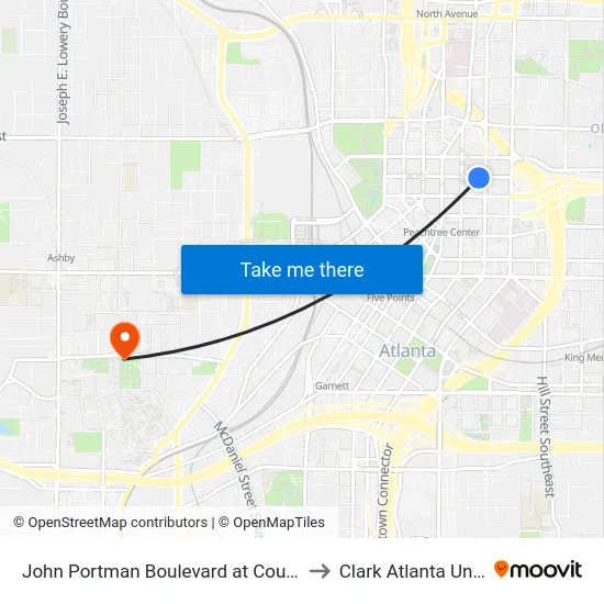 John Portman Boulevard at Courtland Street to Clark Atlanta University map