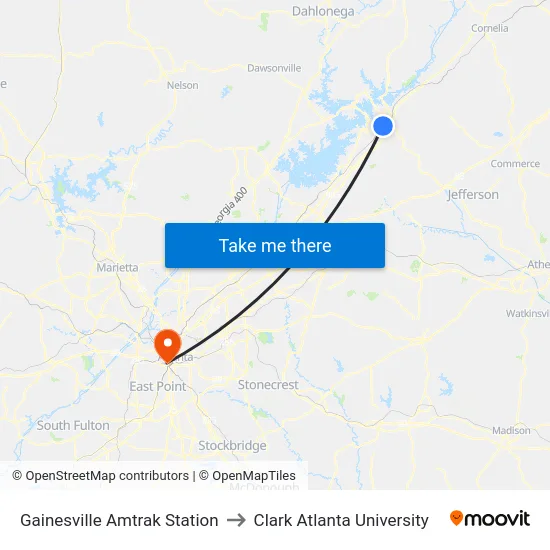 Gainesville Amtrak Station to Clark Atlanta University map