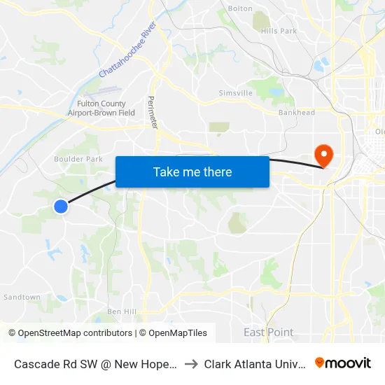 Cascade Rd SW @ New Hope Rd SW to Clark Atlanta University map