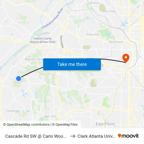 Cascade Rd SW @ Carlo Woods Dr SW to Clark Atlanta University map