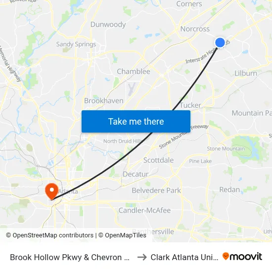 Brook Hollow Pkwy & Chevron Gas Station to Clark Atlanta University map