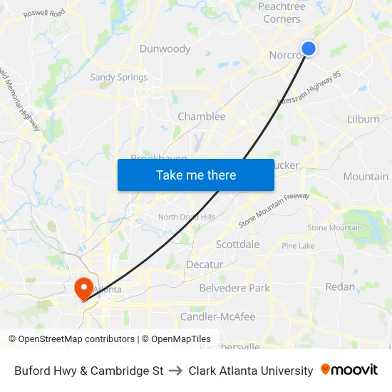 Buford Hwy & Cambridge St to Clark Atlanta University map