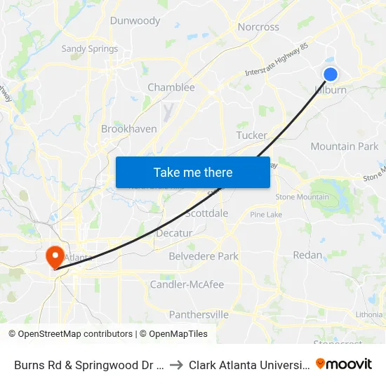 Burns Rd & Springwood Dr Ib to Clark Atlanta University map