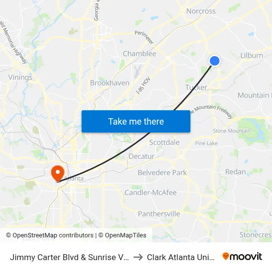 Jimmy Carter Blvd & Sunrise Village Ln to Clark Atlanta University map
