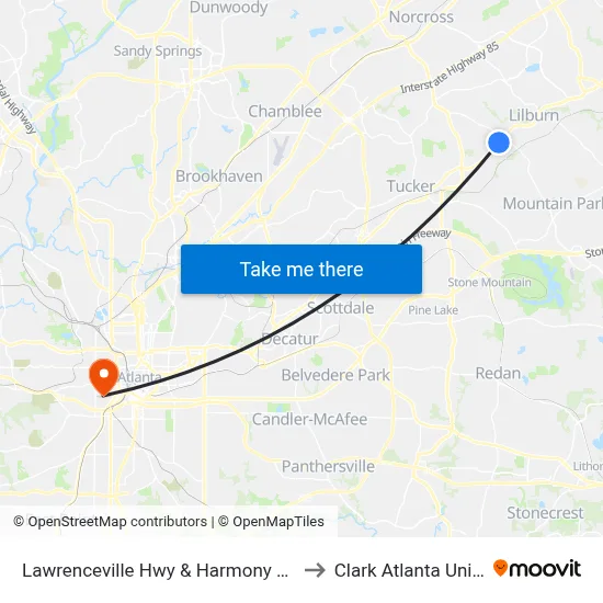 Lawrenceville Hwy & Harmony Grove Rd Ib to Clark Atlanta University map