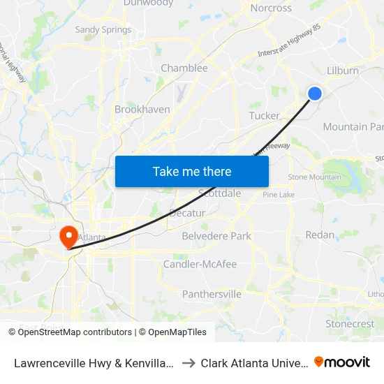Lawrenceville Hwy & Kenvilla Dr Ob to Clark Atlanta University map