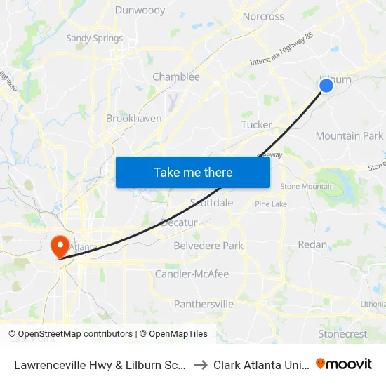 Lawrenceville Hwy & Lilburn School Rd Ob to Clark Atlanta University map